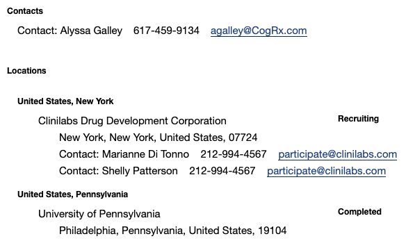 clinicaltrials.gov example contact info